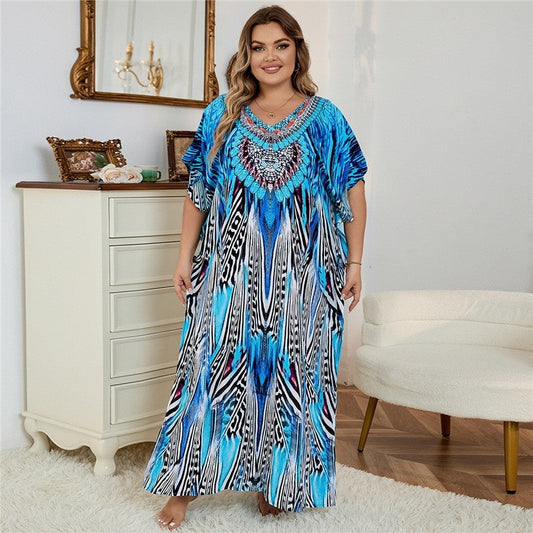 Contrast Color Printing V-Neck Short Sleeve Casual Loose Long Beach Dress Bikini Cover-Up