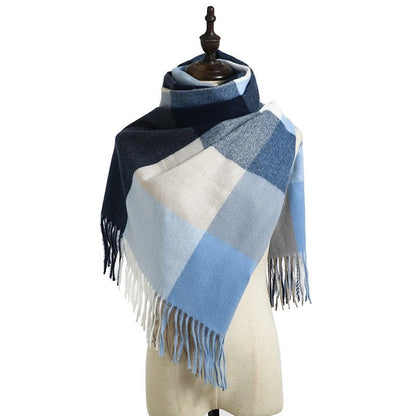 Striped Plaid Print Shawl Tasseled Scarf