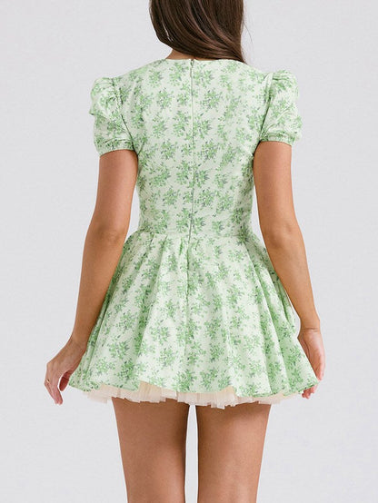 Puffy Sleeves V-Neck A Line Mini Dress