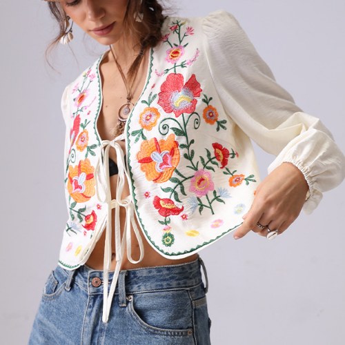 Floral Embroidered Open Front String Shirt