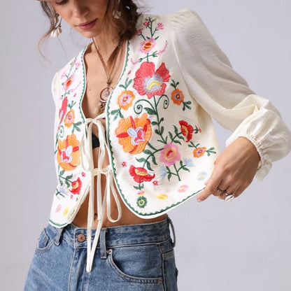Floral Embroidered Open Front String Shirt