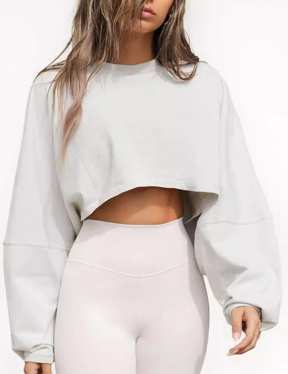 Casual Solid Color Crew Neck Cropped Sweatshirt