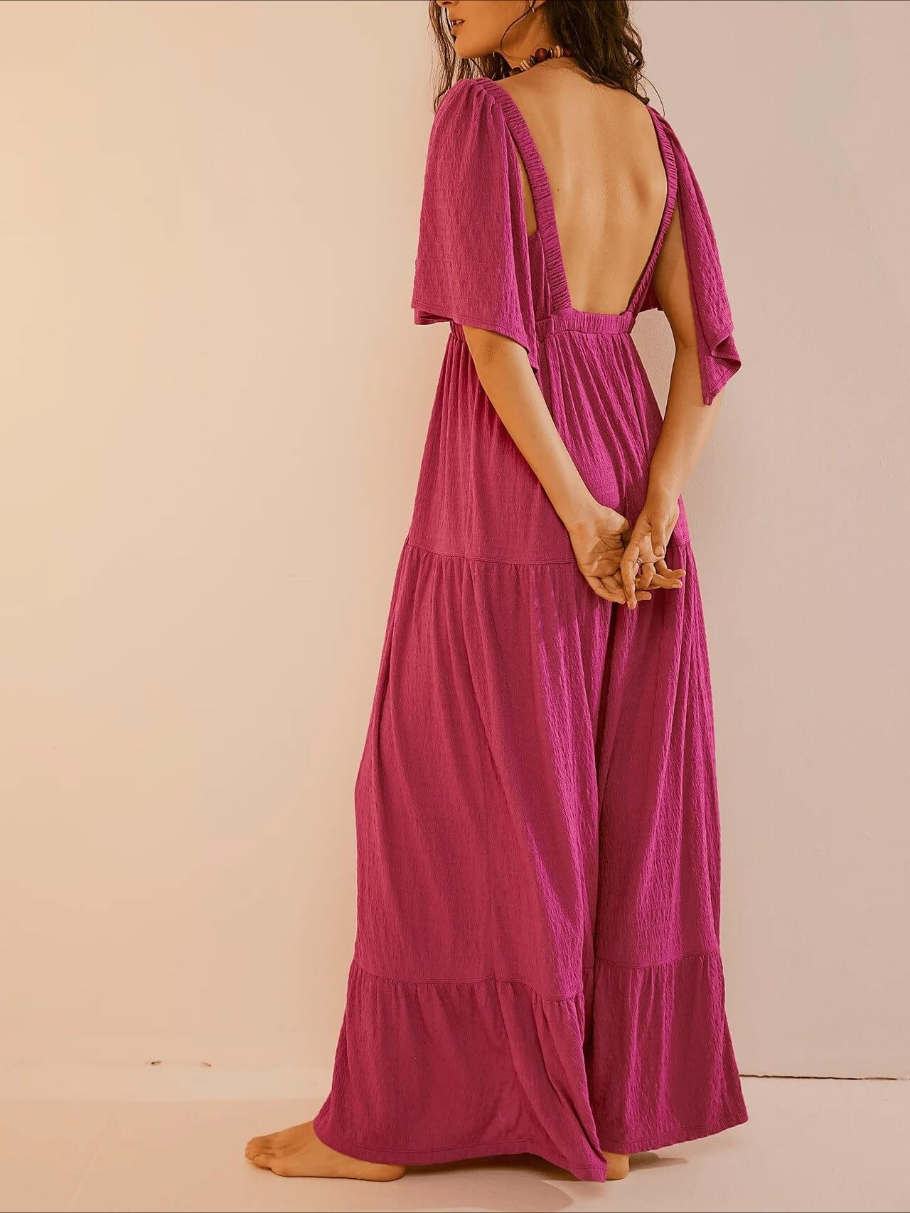 V-Neck Backless Short Sleeves Maxi Dress
