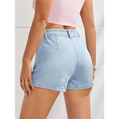 Classic Light Blue Buttoned Slimming High Waist Denim Shorts
