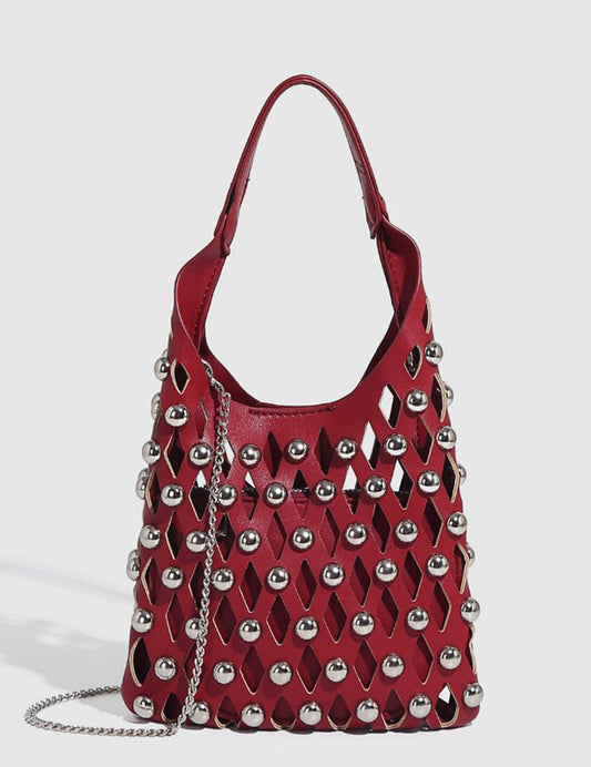 Hollow Out Rivet Chain Shoulder Bucket Bag
