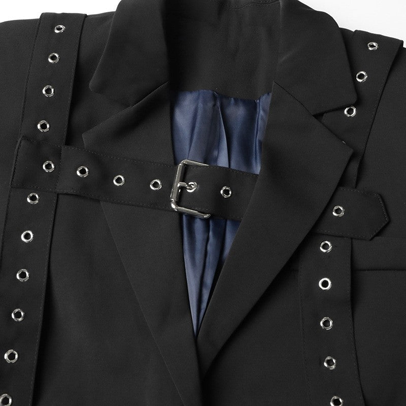 Long Sleeve Lapel Buttoned Rivets Belted Blazer Outerwear
