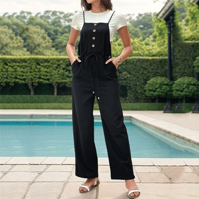 Black Lace-Up Waist Button Suspender Jumpsuit