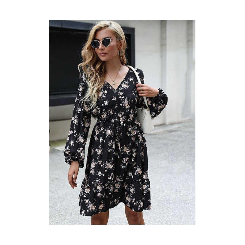 Short Printed Long Sleeve V-Neck Black Dress