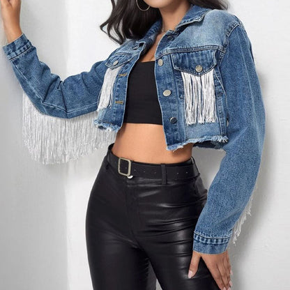 Trendy Lapel Collar Tassel Cropped Denim Jacket