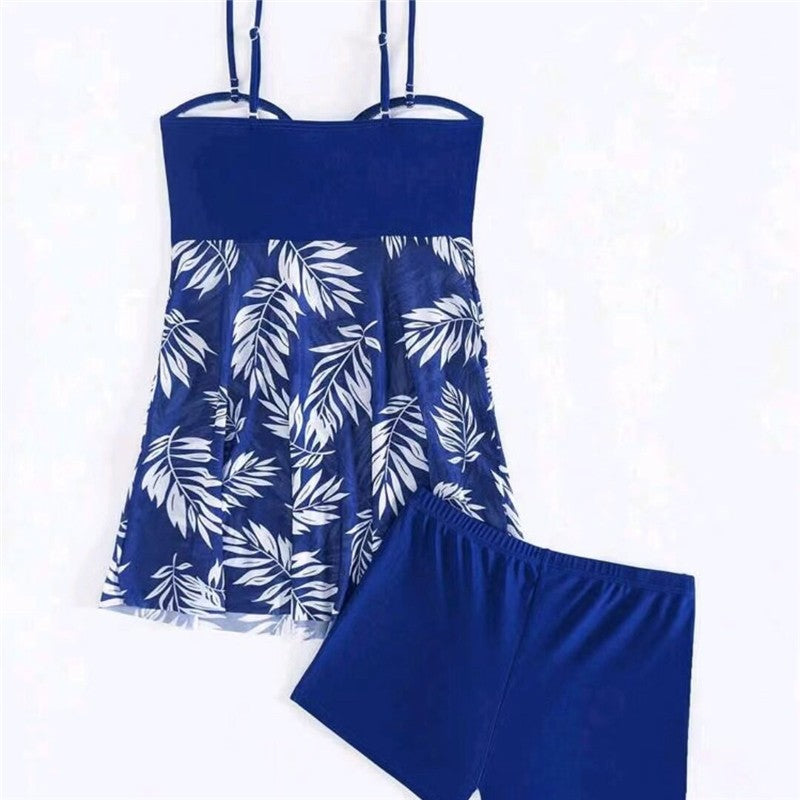 Split Skirt Conservative Mesh Sheer Flesh Printed Swimsuit