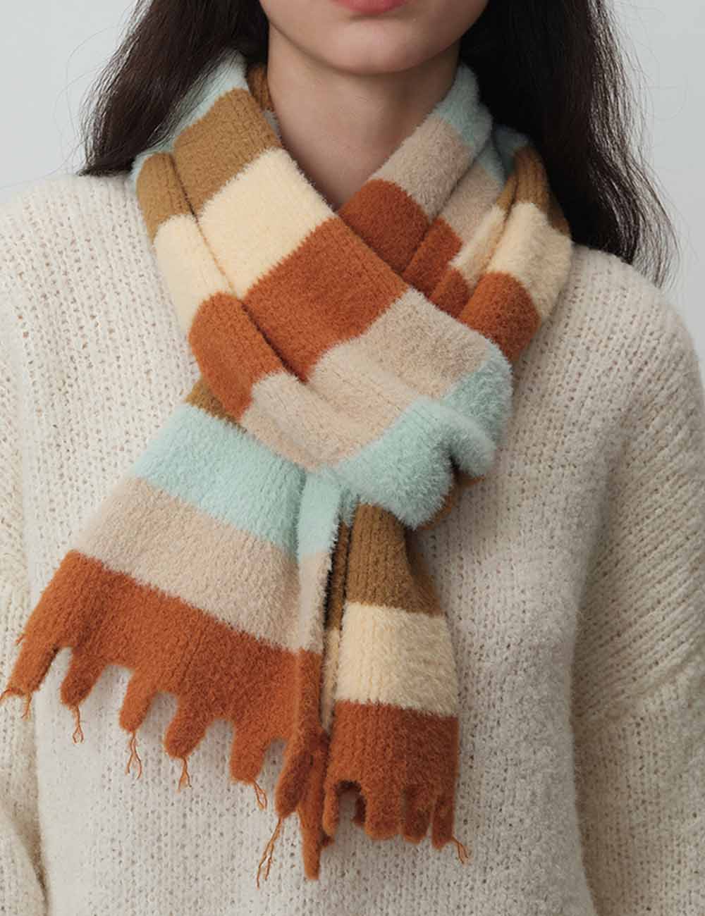 Striped Cozy Color Block Fringed Winter Scarf