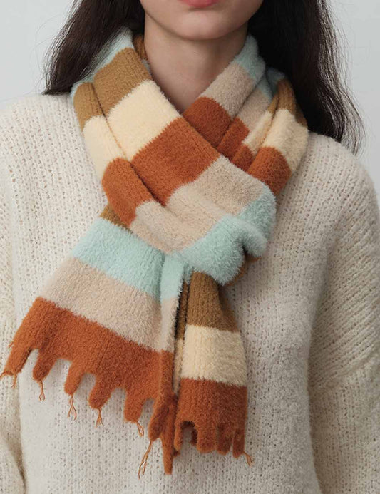 Striped Cozy Color Block Fringed Winter Scarf