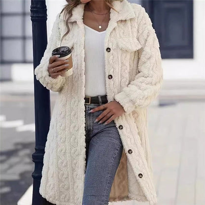 Women's Long Solid Color Plush Coat With Lapel