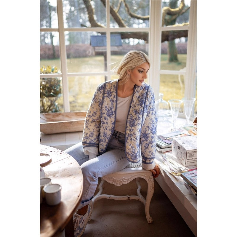 V-Neck Retro Print Cotton Jacket