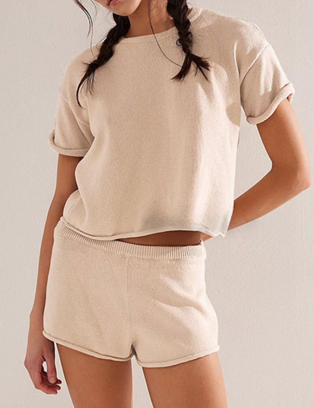 Casual Solid Color Top Short Knit Set