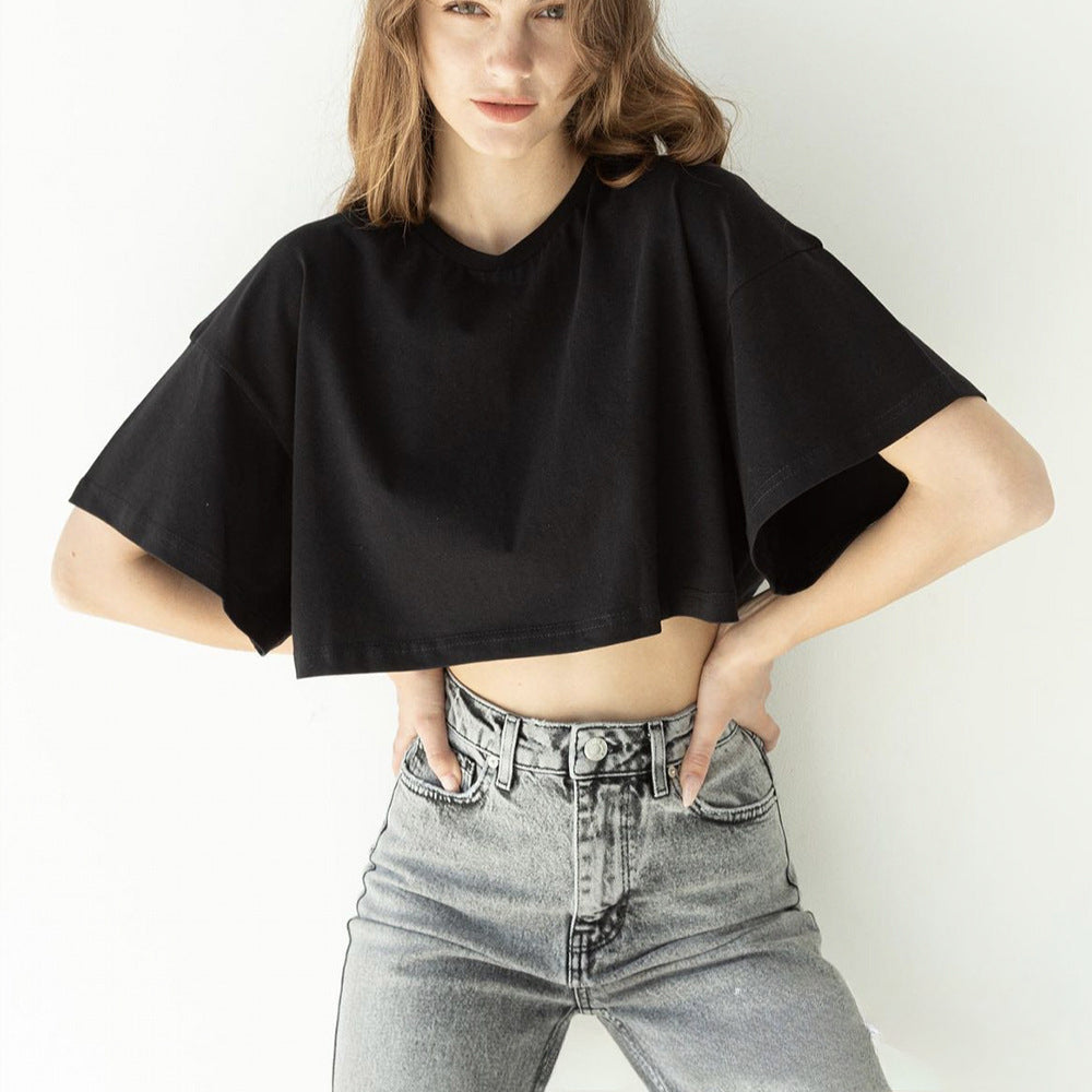 Round Neck Loose Solid Color Short Top