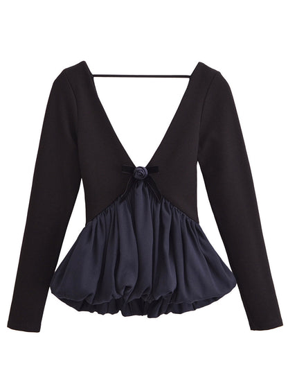 Minimalist V-Neck Backless Ruffle Hem Top