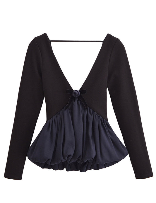 Minimalist V-Neck Backless Ruffle Hem Top