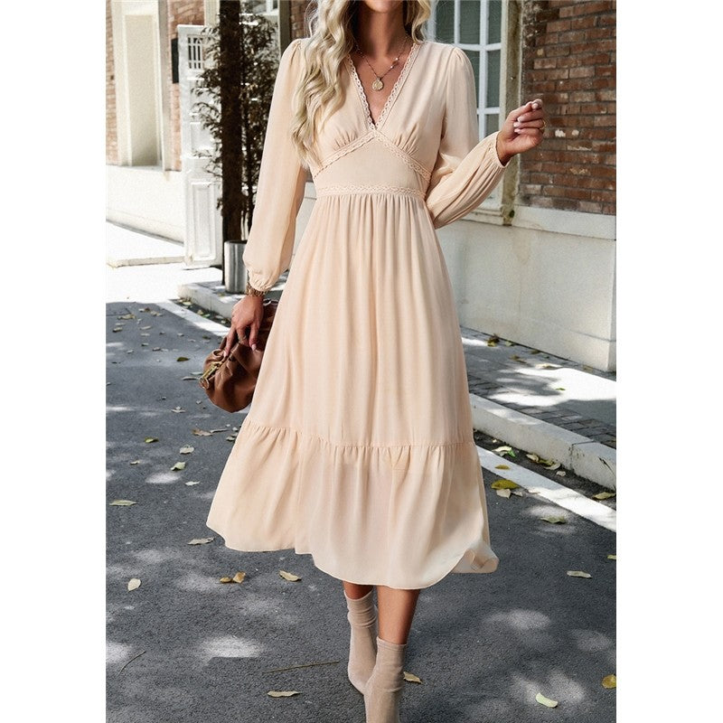 High Waist Solid Color V-Neck Dress