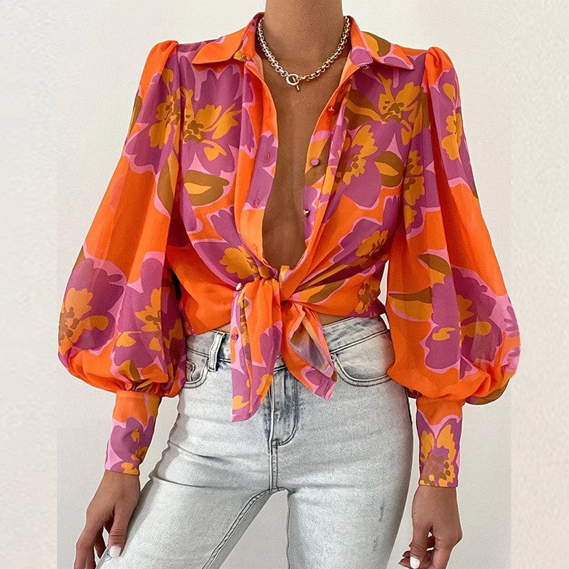 Thin Puff Sleeves Lapel Print Blouse