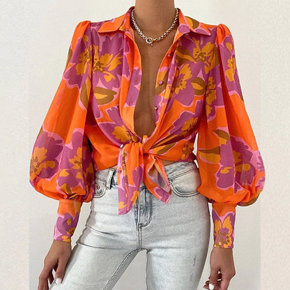 Thin Puff Sleeves Lapel Print Blouse