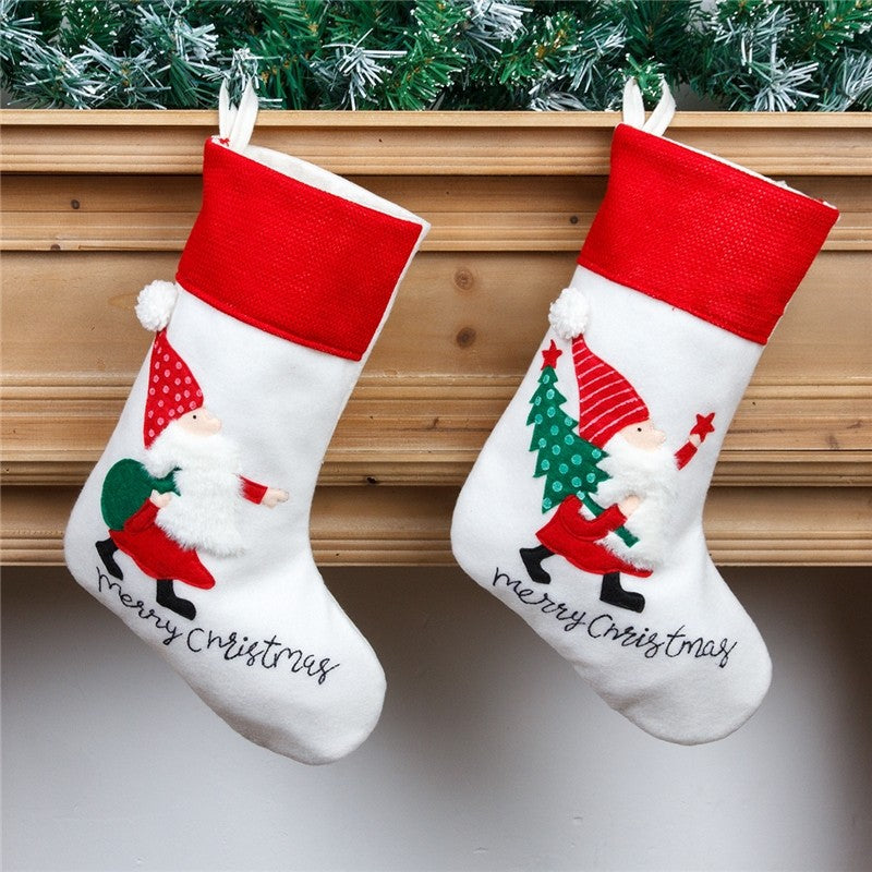White Nordic Embroidered Old Man Christmas Socks Candy Bag Christmas Socks Gift Bag