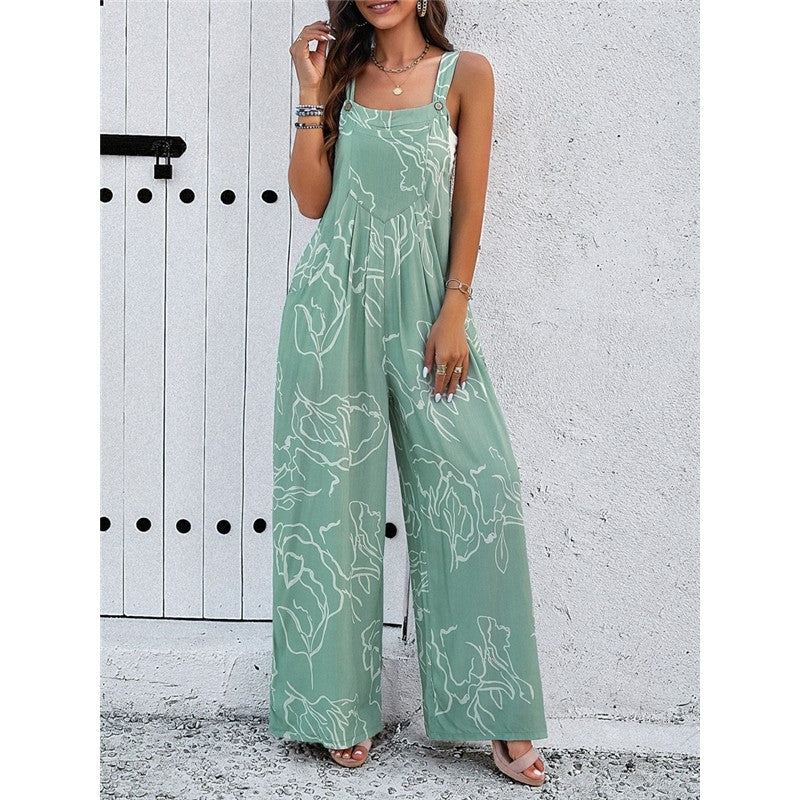 Contrast Color Printing Sleeveless Wide Leg Jumpsuits