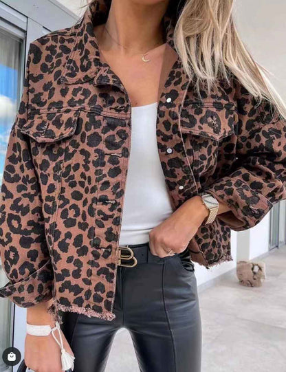 Leopard Print Distressed Denim Cropped Jacket