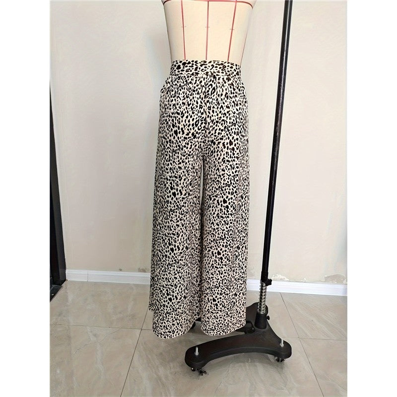 Stretch Waist Leopard Print Flare Pants Bow Tie