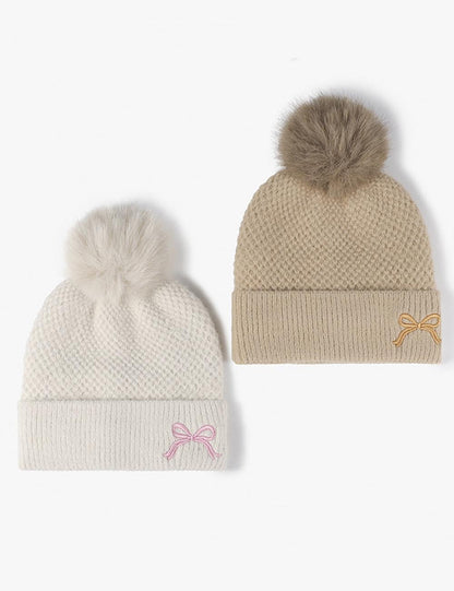 Cute Bow Embroidery Pom Pom Thicken Beanie