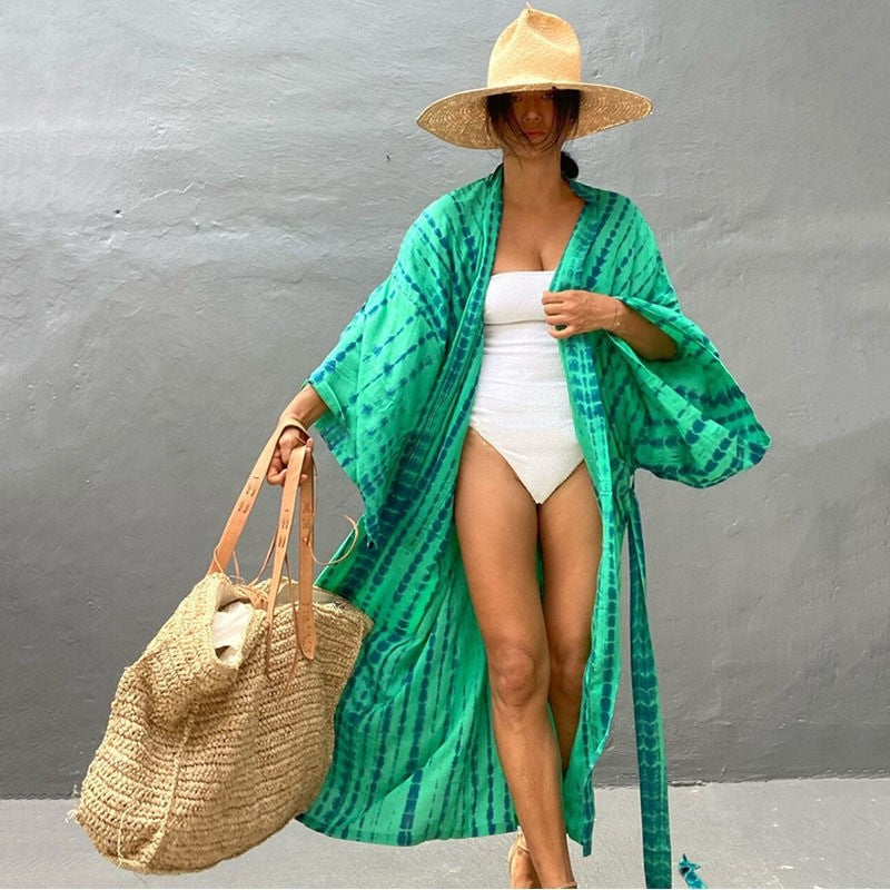 Long Sleeve Printing Waist Tied Casual Loose Long Cardigan Beach Bikini Cover-Up