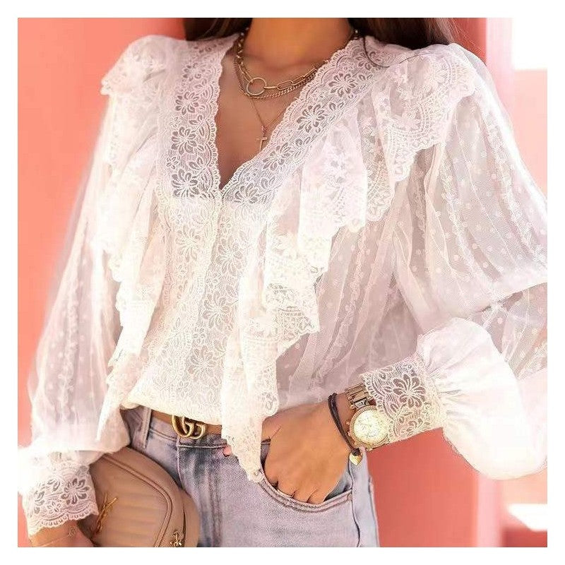 Ladies Lace V Neck Stitching Ruffle Blouse