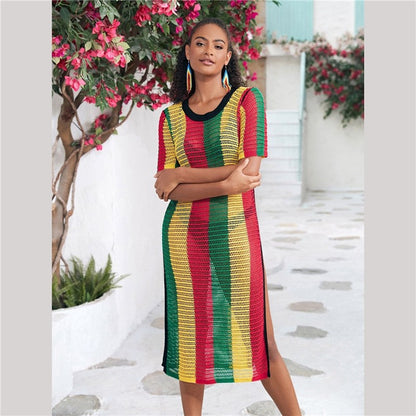 Short-Sleeve Round-Neck Knit Striped Split-Side Cover-Up