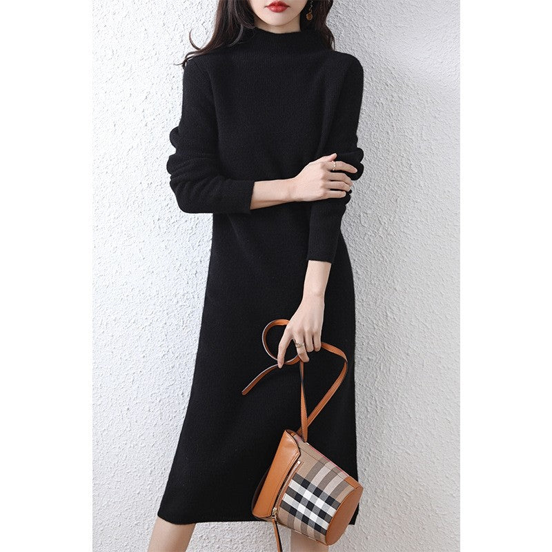 Elegant Ribbed Knit Semi High Neck Solid Long Dress