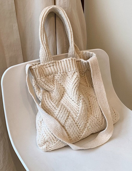 Vintage Solid Color Simple Handbag Knit Tote Bag