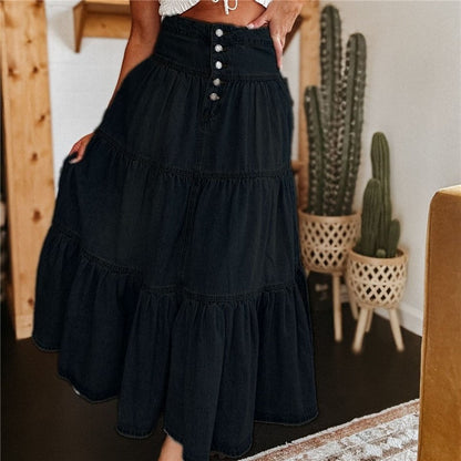 A-Line Denim Skirt With Flounce Hem