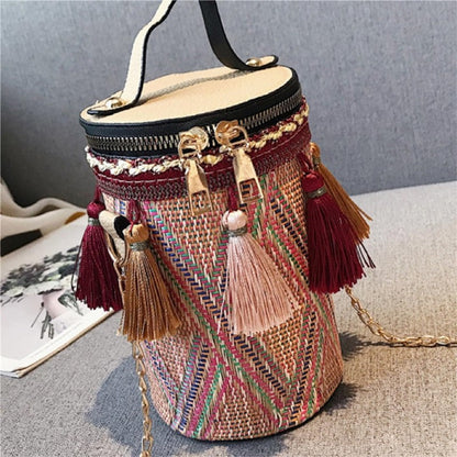 Casual Striped One Shoulder Tasseled Round Bag