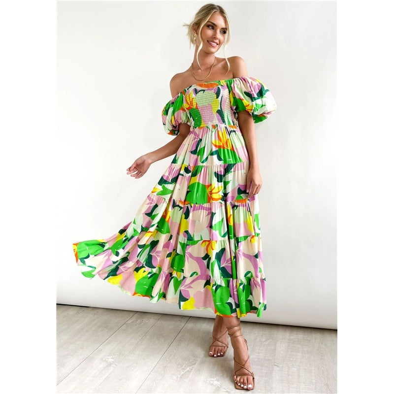 Boat Neck Puff Sleeve Elastic Waist A-Line Long Dress