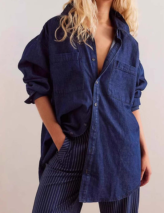 Vintage Lapel Collar Long Sleeve Denim Shirt