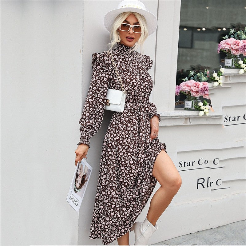 High Neck Petal Sleeves Lace-Up Printed Long Dress