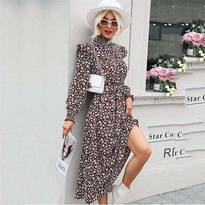 High Neck Petal Sleeves Lace-Up Printed Long Dress
