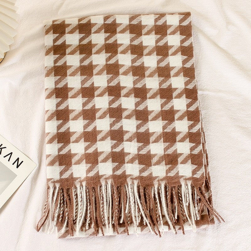 Houndstooth Imitated Cashmere Tassled  Shawl Scarf