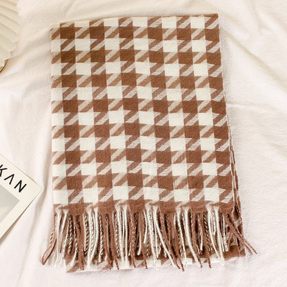 Houndstooth Imitated Cashmere Tassled  Shawl Scarf