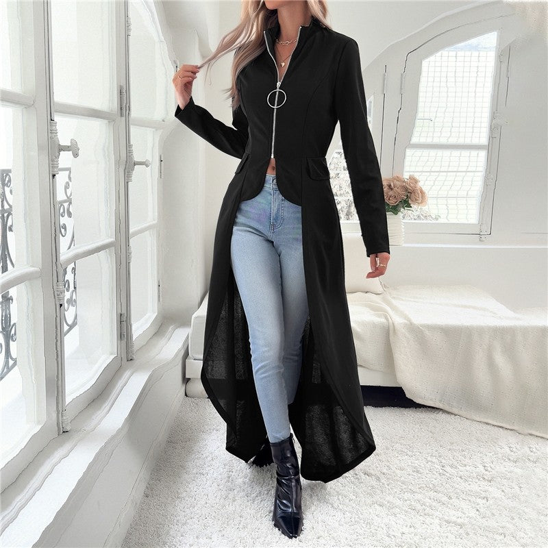 Stylish Irregular Long Sleeve Solid Color Trench Coat
