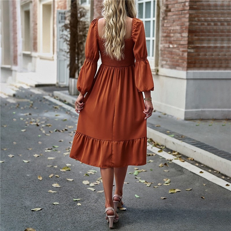 Solid Color Square Neck Ruffle Skirt Waisted Long-Sleeved Dress
