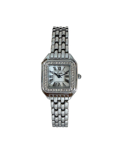 Vintage Roman Square Rhinestone Bezel Quartz Watch