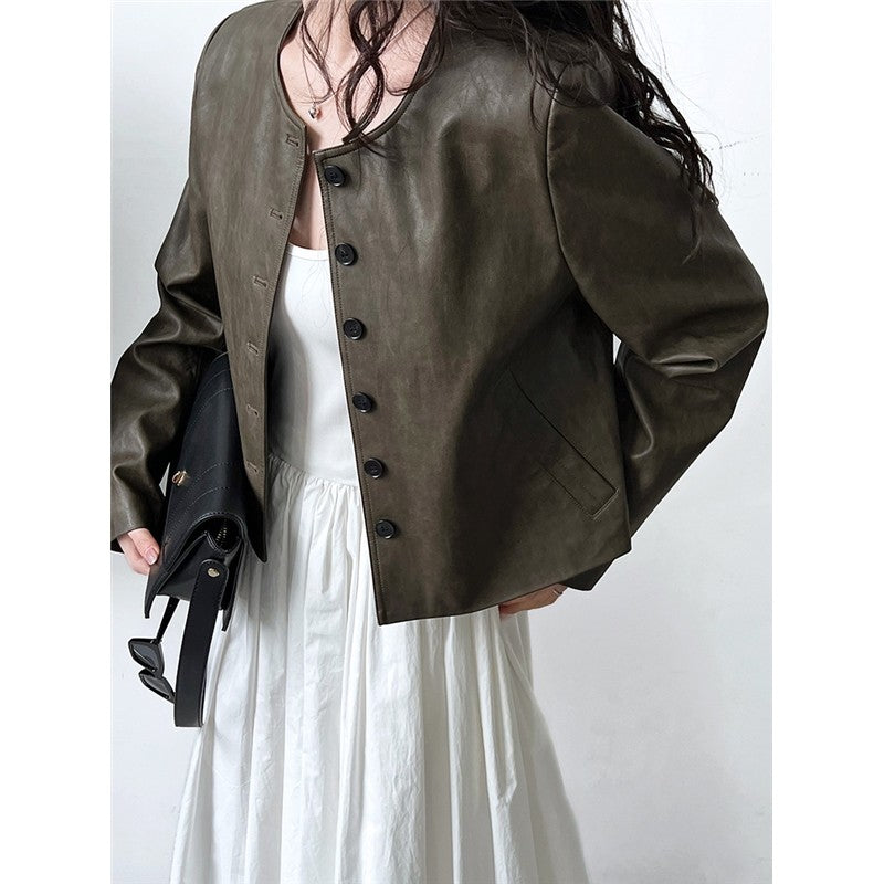 Retro Crewneck Long Sleeve Single Breasted Short PU Leather Jackets