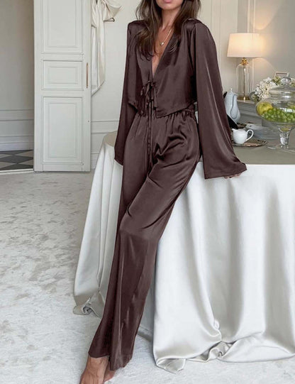 2 Piece Satin Tie Front Longewear Pajamas Set