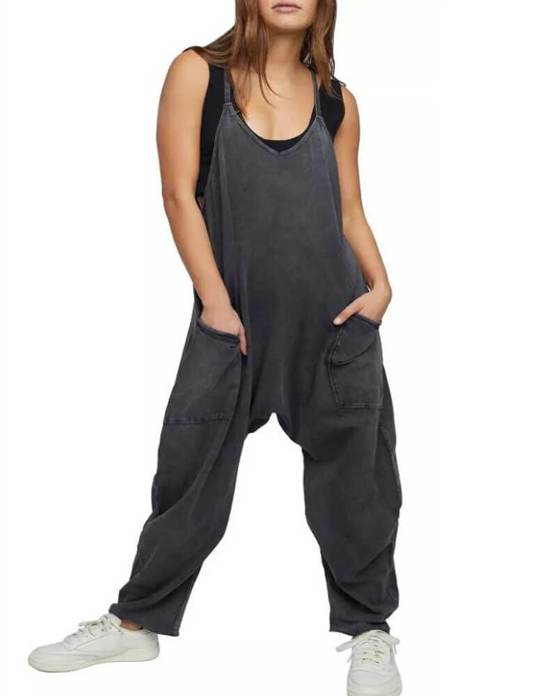 String Shoulder Loose Pocket Jumpsuit