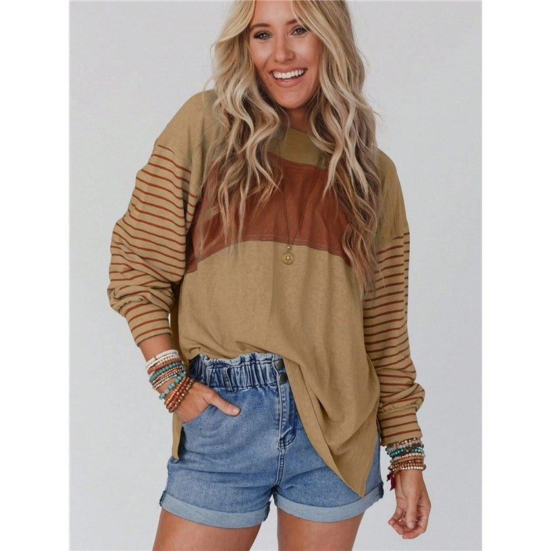 Round Neck Casual Striped Contrast Long-Sleeved T-Shirt